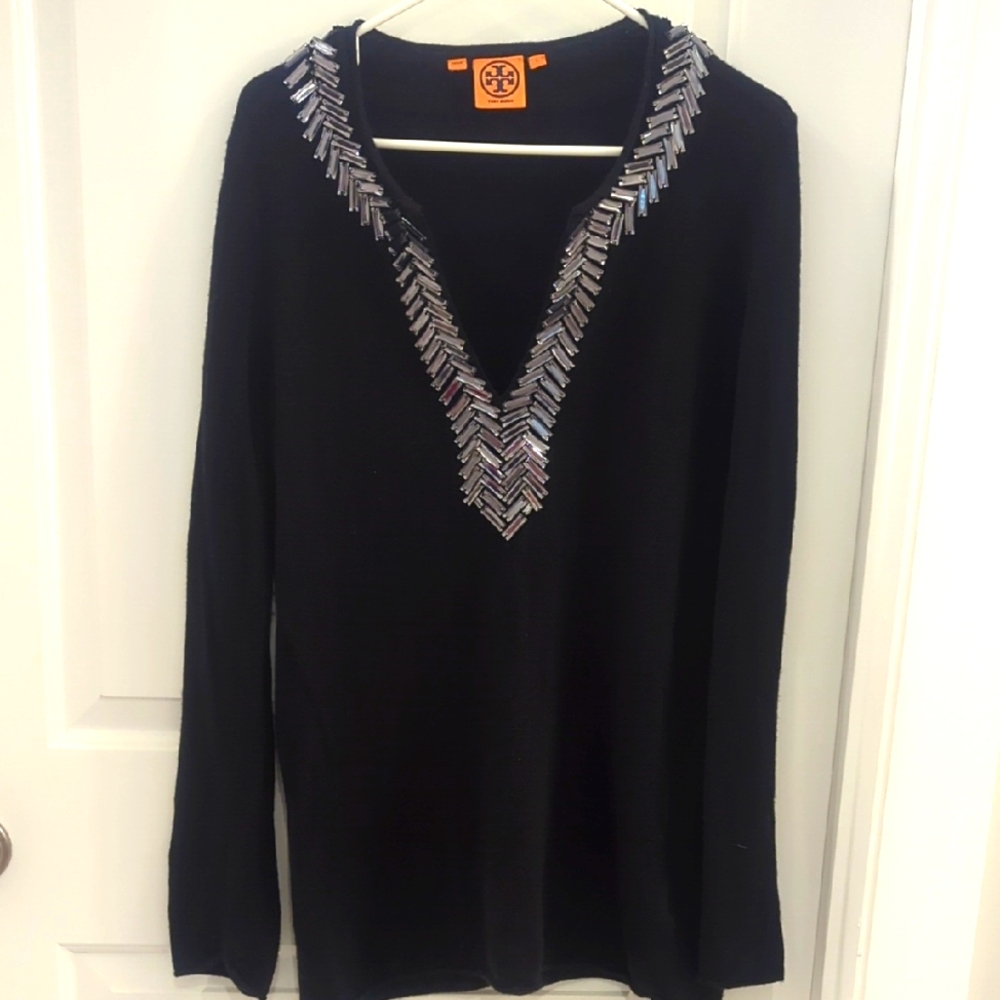 Tory Burch Black Wool Cashmere Blend Sweater  W Gem Stone Embellishments